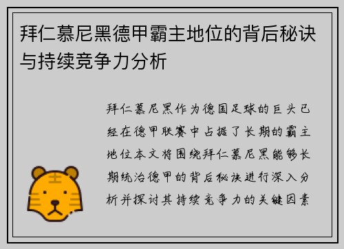 拜仁慕尼黑德甲霸主地位的背后秘诀与持续竞争力分析