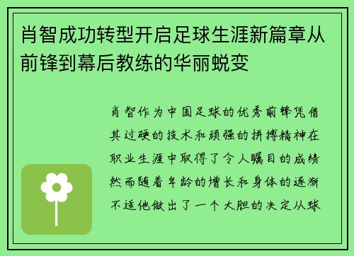 肖智成功转型开启足球生涯新篇章从前锋到幕后教练的华丽蜕变