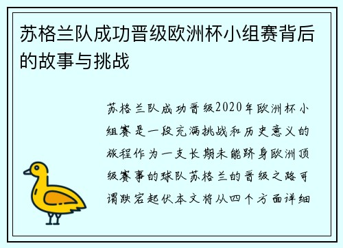 苏格兰队成功晋级欧洲杯小组赛背后的故事与挑战