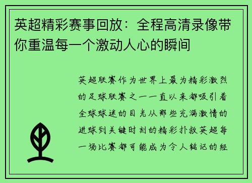 英超精彩赛事回放：全程高清录像带你重温每一个激动人心的瞬间